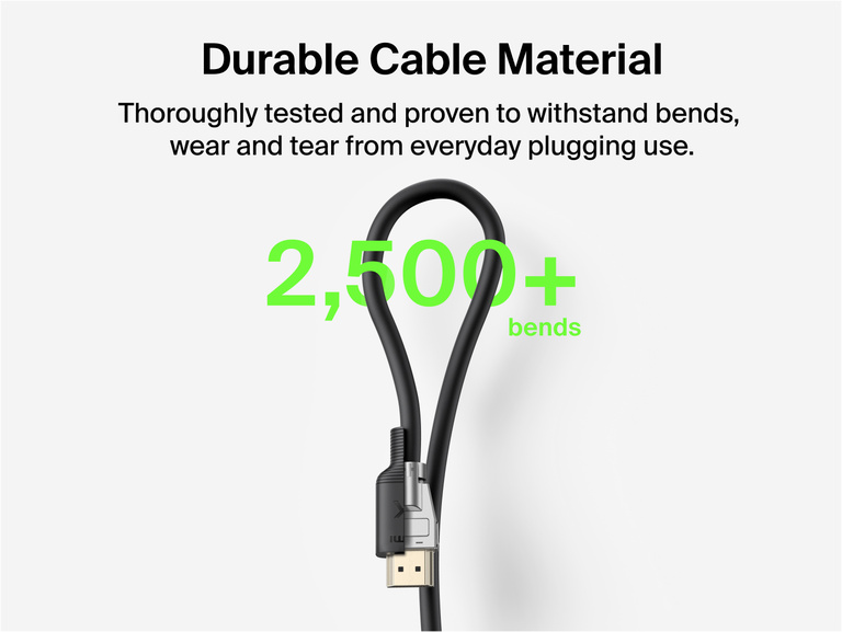 Close-up of the Connect DisplayPort 1.4 Cable's connector and durable cable material, rated to withstand more than 2,500 bends