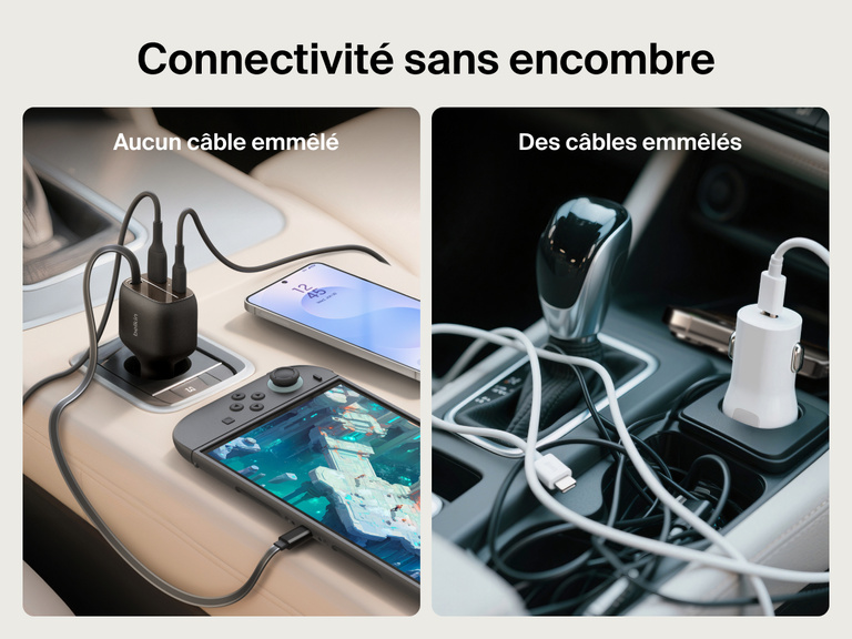 Image du chargeur de voiture Belkin BoostCharge avec câble rétractable (75 W) offrant une connectivité sans encombre avec des câbles organisés en comparaison avec une configuration de recharge emmêlée.