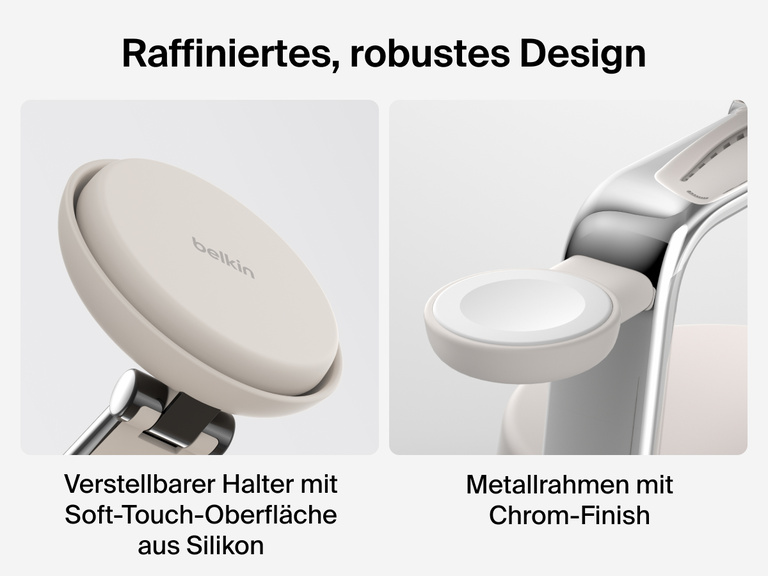 Die Belkin UltraCharge Pro magnetische 3-in-1-Ladestation mit Qi2 25W ist mit einem verstellbaren Ständer mit Soft-Touch-Oberfläche aus Silikon und einem stylischen, stabilen, verchromten Metallrahmen versehen.