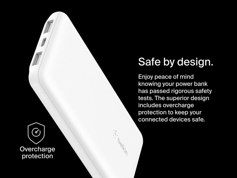 A white Belkin BoostCharge Power Bank 10K is shown with LED indicators and dual USB ports, highlighting its overcharge protection and safety-tested design for reliable device charging.