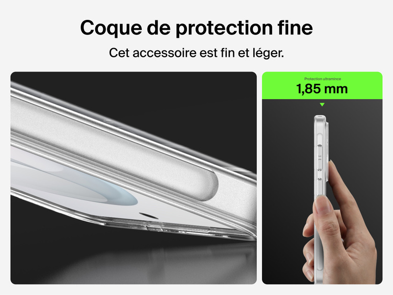 Belkin SheerForce Clear Series Case for Samsung Galaxy S26 shown in side profile, highlighting a slim 1.85 mm design that adds minimal thickness while delivering durable, everyday phone protection.