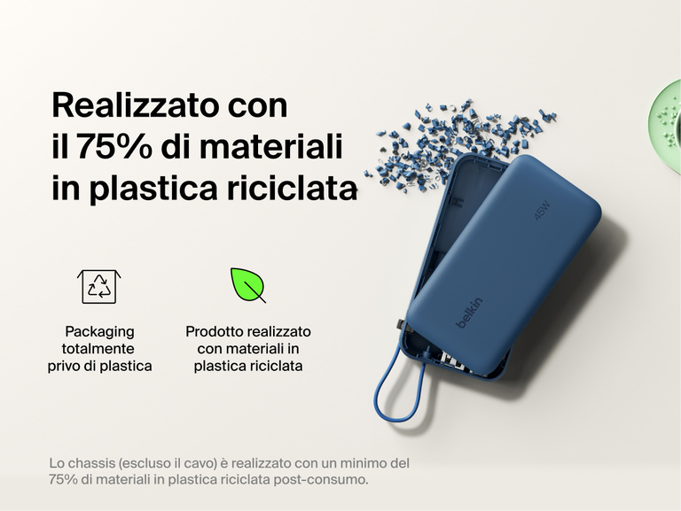 Belkin UltraCharge 10K power bank with integrated USB-C cable and digital display made with 75% recycled plastic and eco-friendly packaging