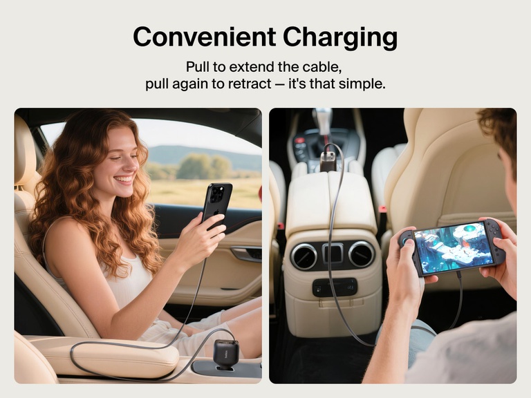 Image of the Belkin BoostCharge Retractable Car Charger 75W showing convenient pull-to-extend and retract cable design for charging devices in the car.