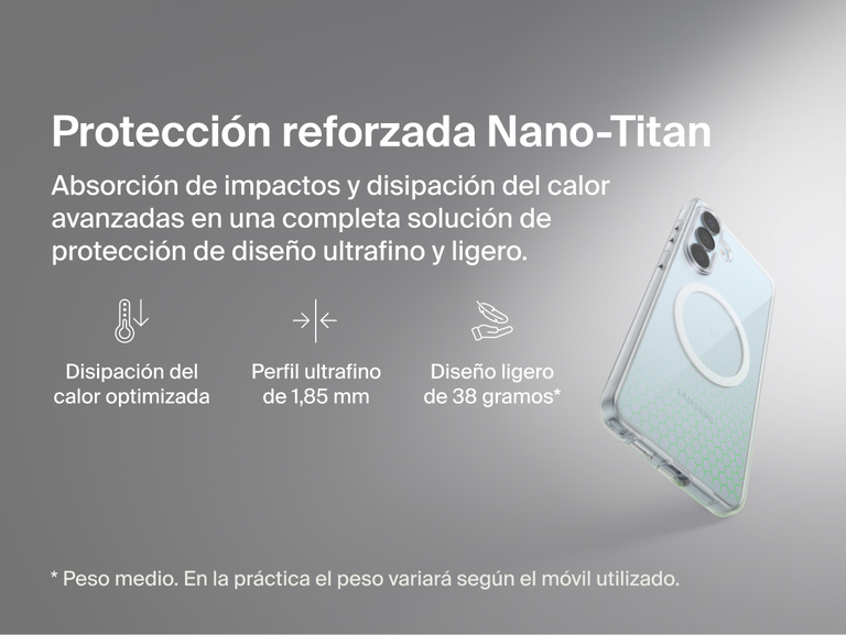 Belkin SheerForce Clear Series Case for Samsung Galaxy S26 shown in close-up, highlighting reinforced Nano-Titan protection with shock absorption, heat dissipation, ultra-slim 1.85 mm profile, and lightweight protective design.