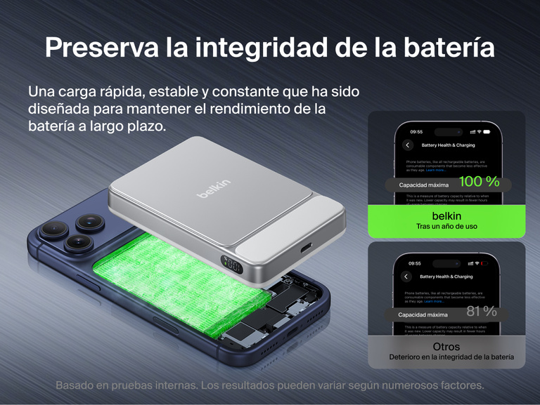 Belkin UltraCharge Slim Magnetic Power Bank 10K highlighting dual chip system, advanced temperature sensors, and real-time monitoring for enhanced charging safety and protection