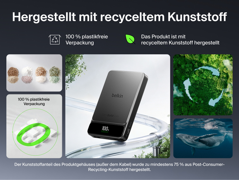 Es wird die Belkin UltraCharge Pro Powerbank 10K mit BoostSolid-Zelle gezeigt und das Geh&auml;use aus recyceltem Kunststoff sowie die 100 % plastikfreie Verpackung hervorgehoben.