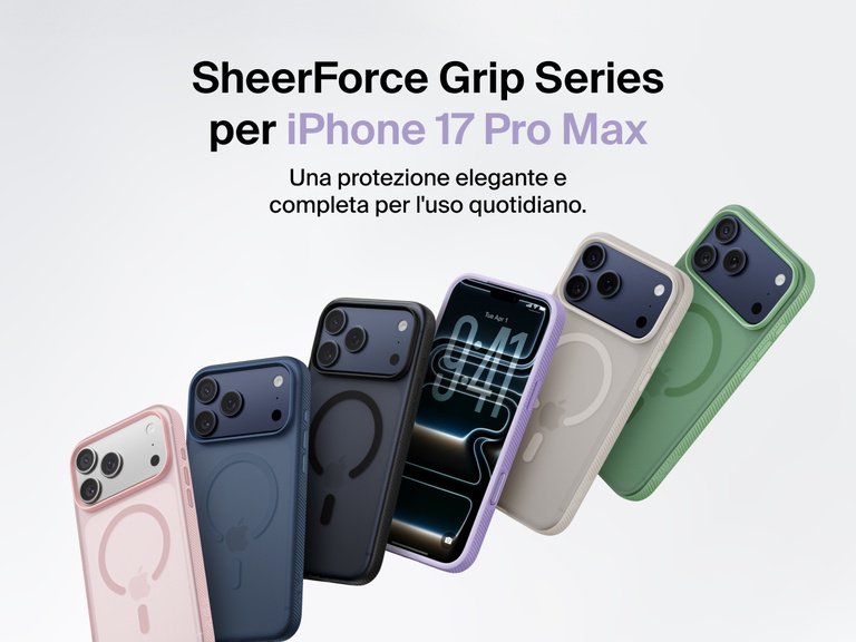 Belkin SheerForce Grip Series protective case for iPhone 17 shown in pink, clear, and black with slim design and MagSafe compatibility.