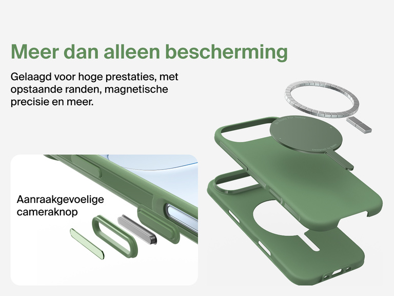 Belkin ScreenForce Protect-hoesje voor de iPhone 17, met MagSafe en Qi2-compatibiliteit voor stevige magnetische bevestiging op laders en accessoires.