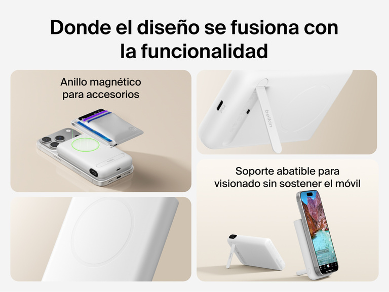 Belkin UltraCharge Pro Power Bank 10K with magnetic ring shown attached to a smartphone for portable wireless charging, featuring an integrated kickstand phone grip and slim, lightweight design for on-the-go use.