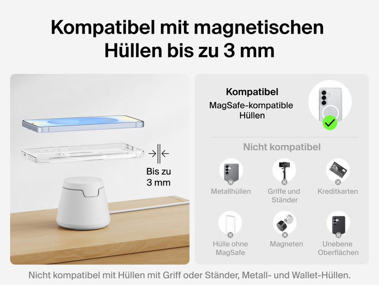 Die Kompatibilit&auml;t der Belkin UltraCharge modularen Ladestation mit Qi2 25W mit magnetischen H&uuml;llen bis zu 3&nbsp;mm und die optimierte Ausrichtung zum zuverl&auml;ssigen kabellosen Laden werden veranschaulicht. Es wird gezeigt, dass Wallet-H&uuml;llen und H&uuml;llen aus Metall sind nicht kompatibel sind.