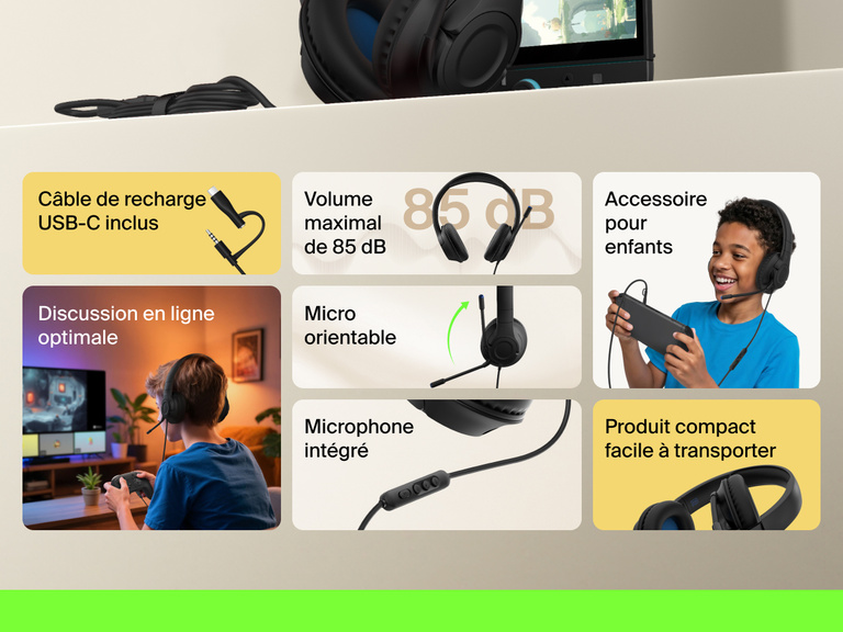 Image listant les caractéristiques du casque audio filaire Belkin Gaming Inspire pour enfants compatible Nintendo Switch 2 et notamment la taille adaptée aux enfants, le volume limité à 85 dB, le micro intégré orientable, le câble USB-C et le design compact.