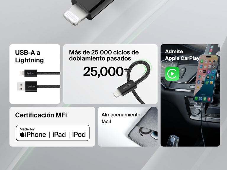 Cable Belkin BoostCharge USB-A con conector Lightning, que ofrece una vida útil de más de 25 000 doblamientos, certificación MFi, compatibilidad con Apple CarPlay y almacenamiento compacto para una carga y una sincronización perfectas con iPhone, iPad y iPod.