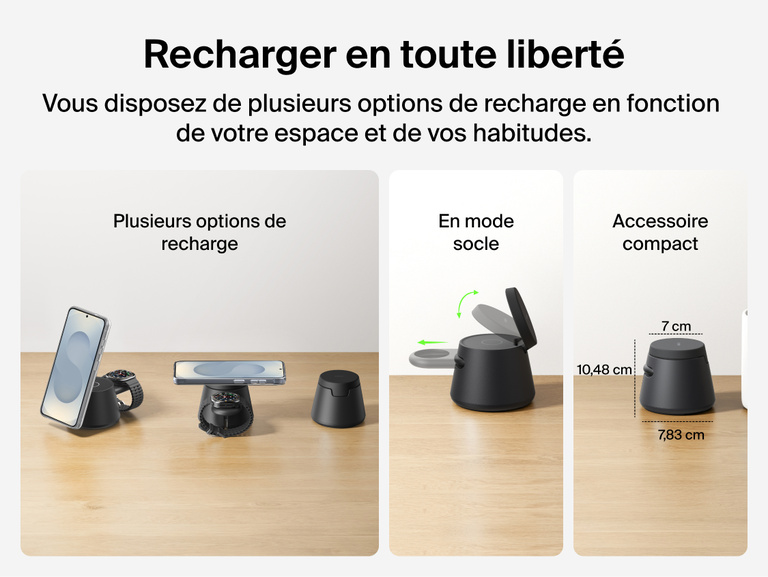 Image de la station de recharge modulaire Belkin UltraCharge avec Qi2 25&nbsp;W, de ses differentes option de recharge comme les modules de recharge sans fil, et de son design compact.