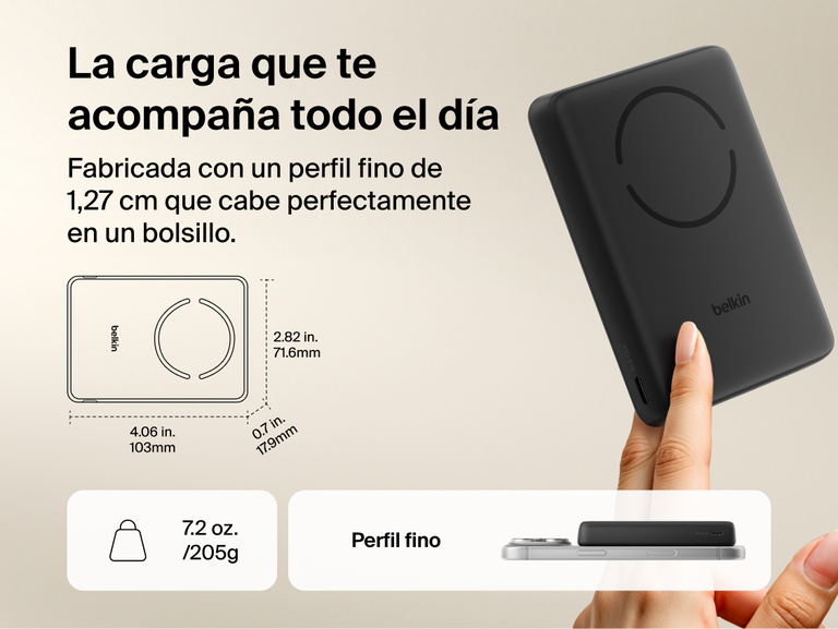 Slim Magnetic Power Bank 10K with Qi2 shown in hand and next to smartphone highlighting slim size and portability dimensions