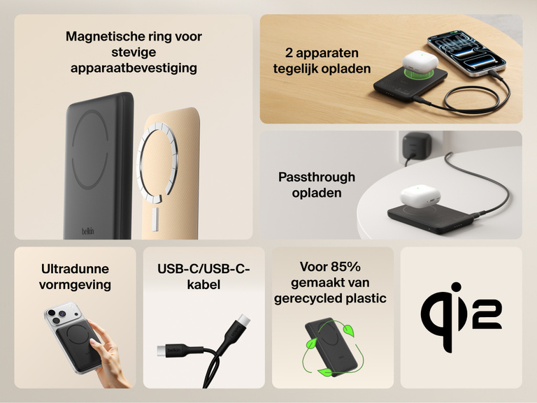 Belkin BoostCharge Slim Magnetic Power Bank 5K with Qi2 shown highlighting secure magnetic attachment, ultra-slim design, dual-device charging, USB-C connectivity, pass-through charging, and sustainability features.