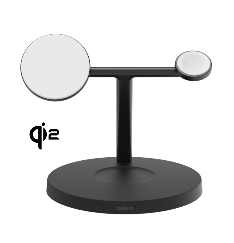 A black Belkin BoostCharge Pro 3-in-1 Wireless Charging Stand with Qi2 15W with Qi2 certification logo displayed on the left.