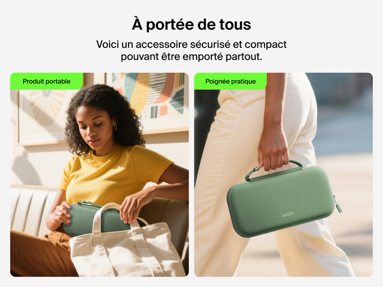 Image d'un socle de recharge 3-en-1 aimanté et compacte Belkin BoostCharge rechargeant des AirPods sans fil et qui met en avant sa compatibilité avec tous les modèles des AirPods et AirPods Pro.