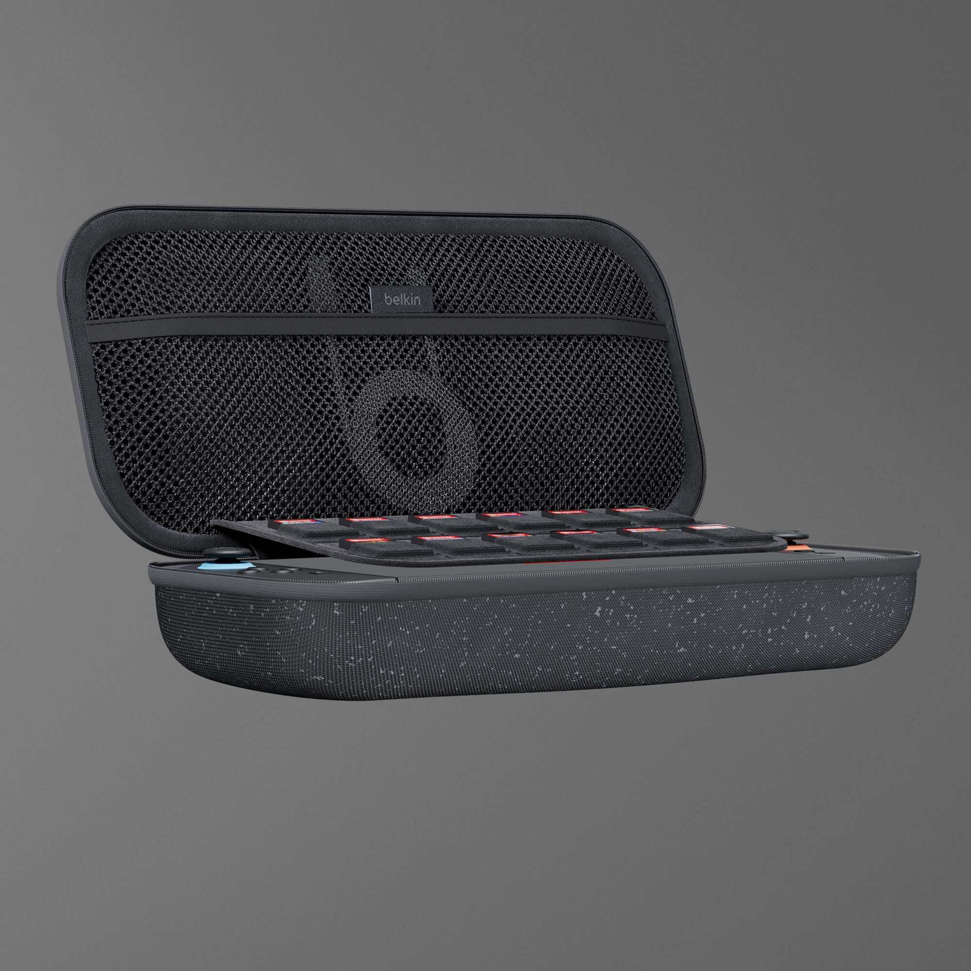 Green hard-shell charging case for Nintendo Switch 2, featuring internal compartments for game cartridges, console, and accessories.