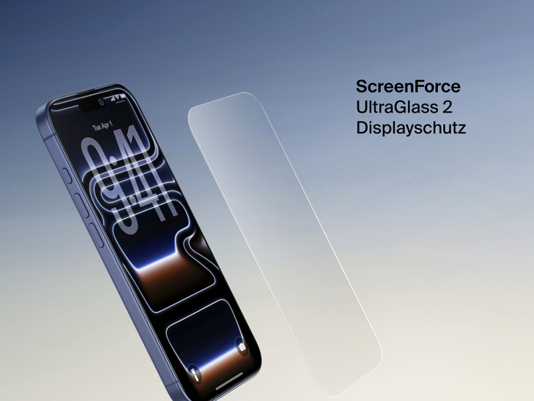Belkin ScreenForce UltraGlass 2 Screen Protector shown next to an iPhone for durable, edge-to-edge screen protection.