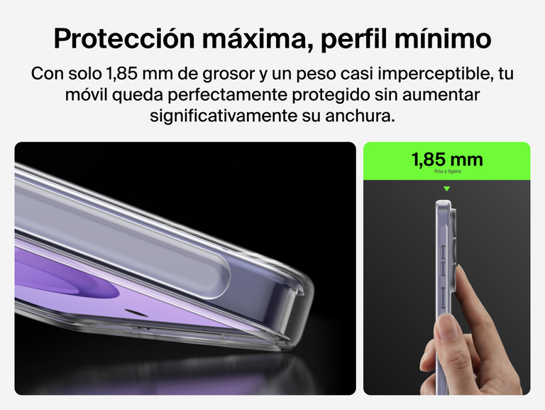 Belkin SheerForce Clear Series Case for Samsung Galaxy S26 shown in side profile, highlighting a slim 1.85 mm design that adds minimal thickness while delivering durable, everyday phone protection.
