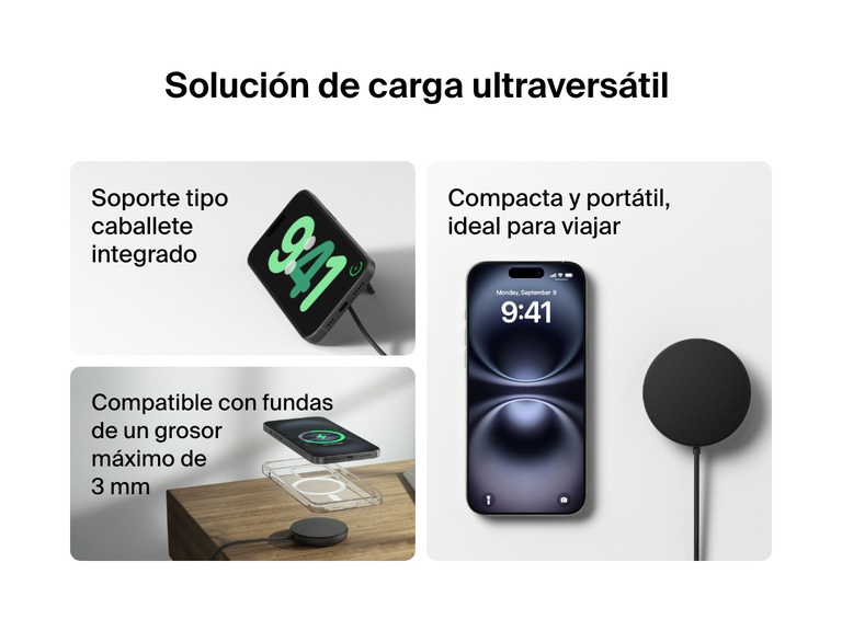 Se muestra una base magnética de carga inalámbrica con Qi2 de 15 W BoostCharge Pro de Belkin de color negro utilizada en distintos ejemplos prácticos, con su soporte tipo caballete integrado, resaltando su portabilidad y diseño ideal para viajar o su compatibilidad con fundas de móvil de un grosor máximo de 3 mm.