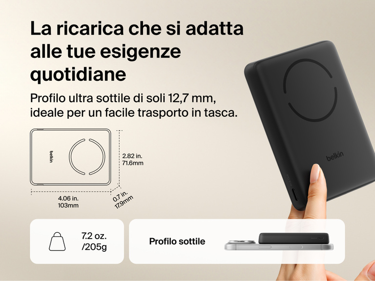 Slim Magnetic Power Bank 10K with Qi2 shown in hand and next to smartphone highlighting slim size and portability dimensions