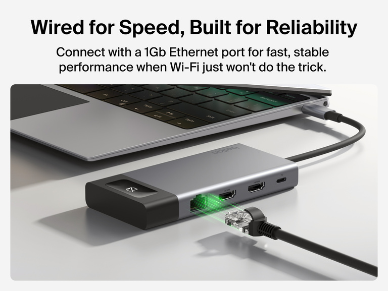 Belkin USB-C hub connected to a laptop with an Ethernet cable, demonstrating a 1Gb Ethernet port for fast and reliable wired internet connectivity.