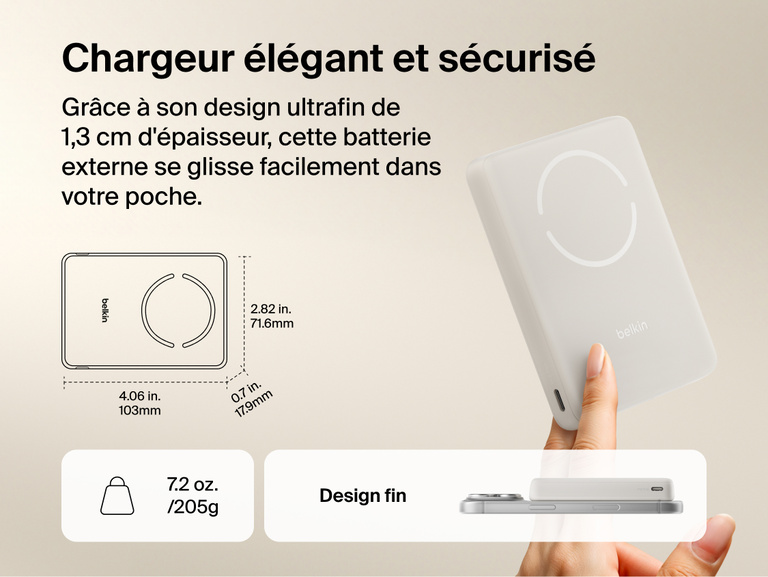 Slim Magnetic Power Bank 10K with Qi2 shown in hand and next to smartphone highlighting slim size and portability dimensions