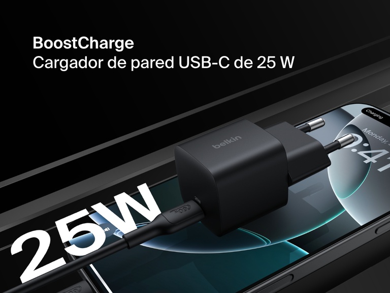 Belkin BoostCharge USB-C Wall Charger 25W shown plugged into a smartphone, highlighting its compact design and fast charging capability.