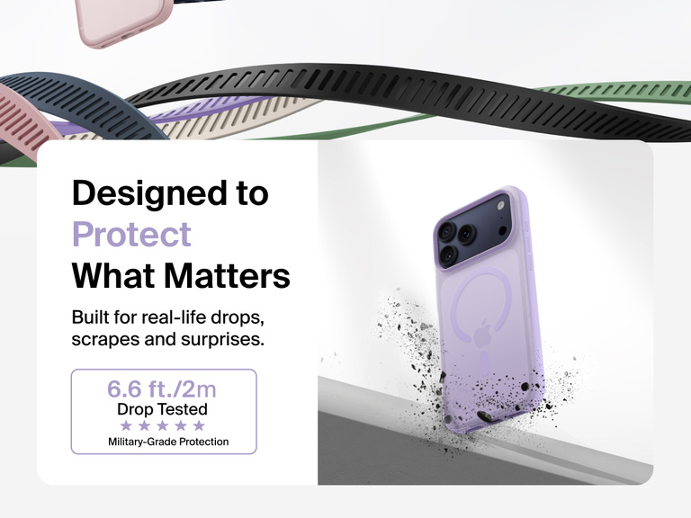 Belkin SheerForce Grip Series Case for iPhone 17 shown with textured grip and impact protection against drops.