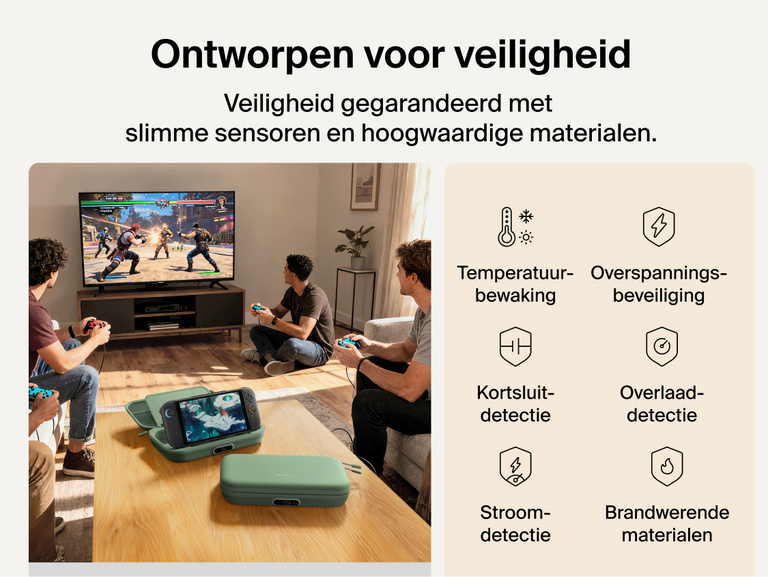 Belkin Gaming Charging Case Pro for Nintendo Switch 2 shown in a living room setup highlighting engineered safety features including temperature monitoring, overvoltage protection, overload detection, and fire-resistant materials.