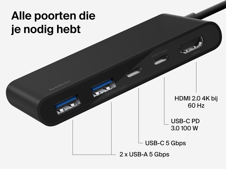 Belkin Connect 5-Port USB-C Hub with Dual USB-C Ports includes HDMI 2.0 4K@60Hz, USB-C PD 3.0 100W, USB-C 5Gbps, and dual USB-A 5Gbps ports.