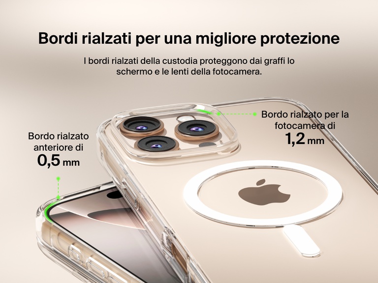 A close-up view of the SheerForce™ Magnetic iPhone Case, highlighting its raised edges for enhanced protection. The image showcases a 1.2mm camera raised edge and a 0.5mm front raised edge, designed to safeguard the screen and camera lenses from scratches and impacts. The transparent case maintains a sleek look while providing reliable protection.