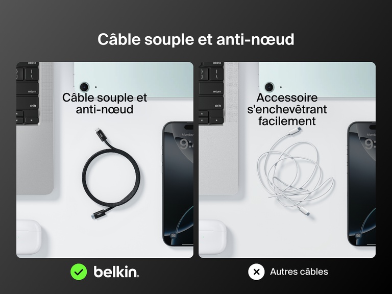 Comparaison montrant d'un côté le câble USB-C BoostCharge Belkin avec connecteur Lightning, souple et résistant aux enchevêtrements, et de l'autre un câble standard qui s'emmêle facilement.
