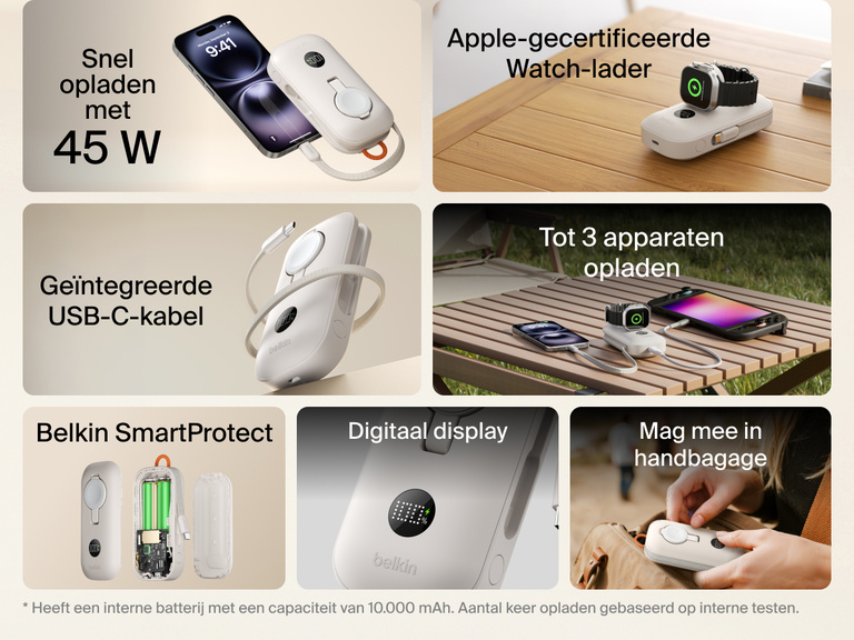Belkin BoostCharge Pro 10.000mAh-powerbank met Apple Watch-lader die oplaadt met 45 W, geleverd wordt met een USB-C-kabel en Apple-gecertificeerd is voor het opladen van een Watch, uitgerust is met een digitaal display, voldoet aan de luchtvaartveiligheidsnormen voor handbagage en werkt met Belkin SmartProtect technologie.