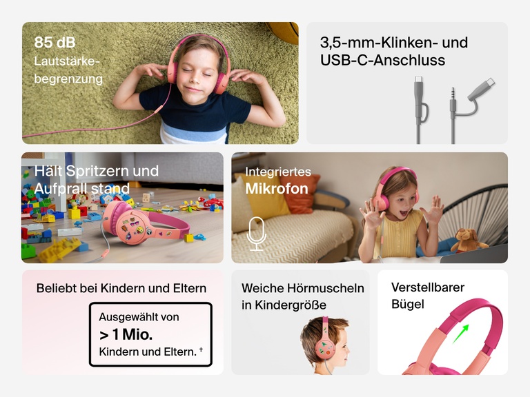 Collage of images highlighting key features of the Belkin Wired On-Ear Headphones for Kids, including an 85dB volume limit, USB-C and 3.5mm connection, built-in microphone, drop and spill resistance, plush kid-sized earcups, and adjustable headband.