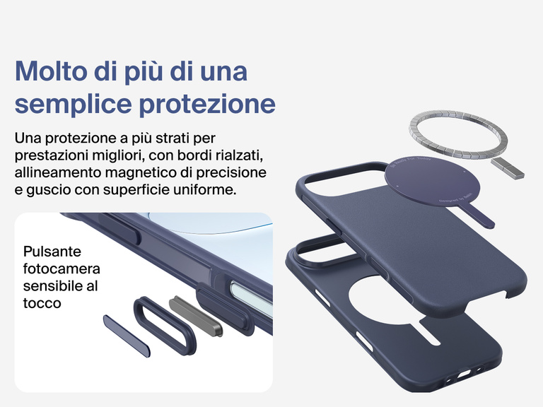 Immagine della custodia Belkin SheerForce Protect Series per iPhone 17 che evidenzia la compatibilit&agrave; con MagSafe e Qi2 per un aggancio magnetico potente a caricabatterie e altri accessori.