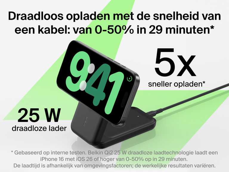 De Belkin UltraCharge 3-in-1 uitklapbare magnetische lader met Qi2 25W biedt draadloos opladen met de snelheid van een kabel en laadt apparaten van 0 tot 50% op in 29 minuten.