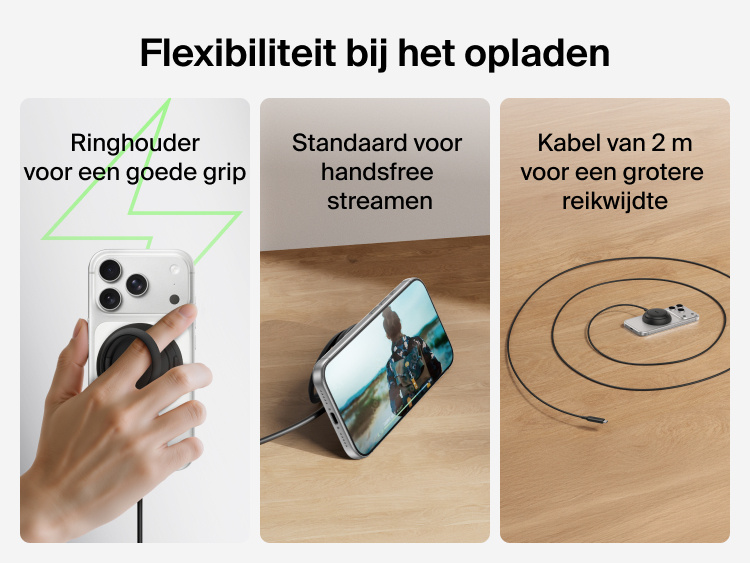 Belkin UltraCharge magnetische lader met Qi2 25W, getoond met ringhouder die tevens als standaard fungeert voor handsfree gebruik en de meegeleverde kabel van 2 m voor flexibel opladen.