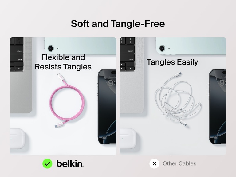 Side-by-side comparison showing the Belkin BoostCharge USB-C to USB-C Cable 240W as flexible and tangle-resistant versus standard cables that tangle easily.