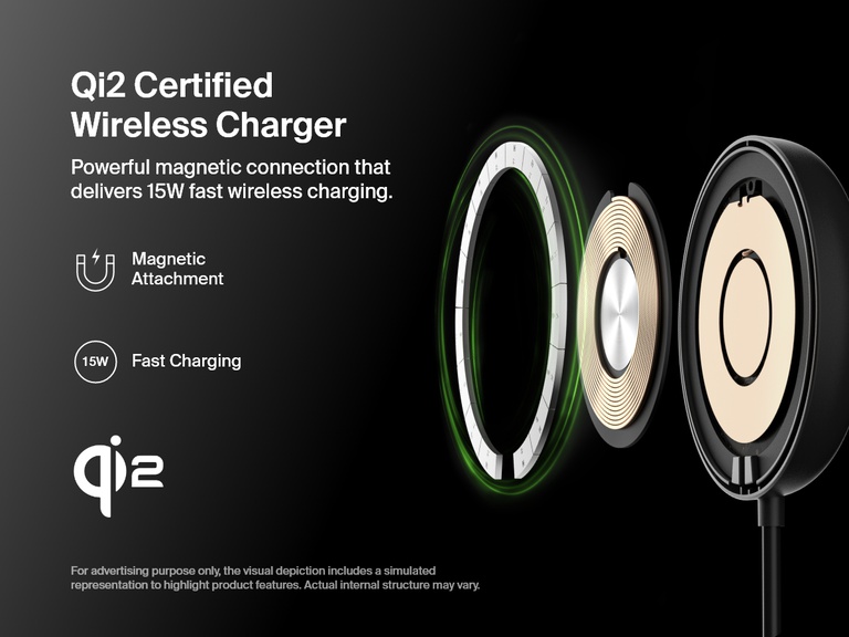 Belkin BoostCharge Proマグネット式ワイヤレス充電パッド（Qi2 15W、ブラック）の内部構造を示す分解図。Qi2認証、15Wの急速充電機能、強力なマグネット接続といった特徴が強調されています。