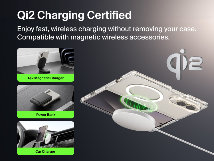 Belkin Clear Series Case for Samsung Galaxy Z Fold8 is Qi2 certified for fast wireless charging and works with magnetic chargers, power banks, and car mounts.