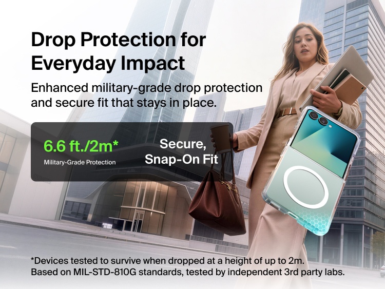 Belkin Clear Series Case for Samsung Galaxy Z Flip8 shown in multiple folded positions with Qi2 compatibility and 6.6-foot drop protection.