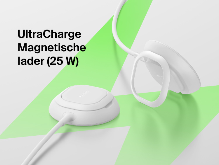 Belkin UltraCharge magnetische lader met Qi2 25W, afgebeeld als een slank magnetisch laadstation met een standaard, dat is ontworpen om apparaten snel en veilig draadloos op te laden.