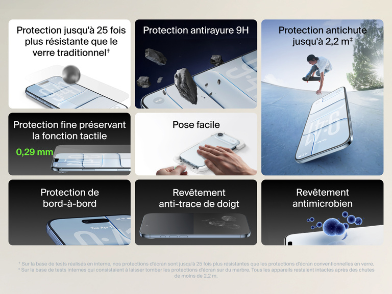 Belkin ScreenForce UltraGlass 2 Screen Protector with 25x stronger glass, 9H scratch resistance, 7.2 ft drop protection, ultra-thin 0.29mm design, edge-to-edge coverage, anti-fingerprint, antimicrobial treatment, and easy application.