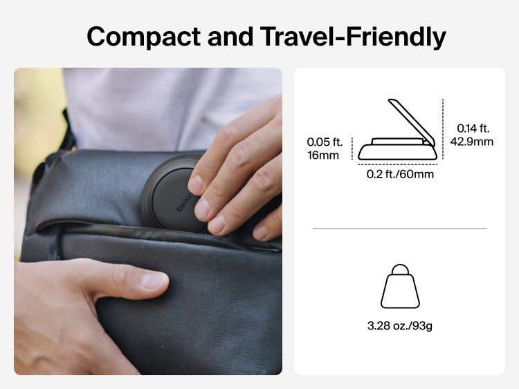 Belkin UltraCharge Magnetic Charger with Qi2 25W shown as a compact, travel-friendly accessory easily fitting into a bag with illustrated dimensions and lightweight design.