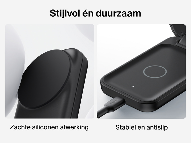 De Belkin UltraCharge 3-in-1 uitklapbare magnetische lader met Qi2 25W heeft een zachte siliconen afwerking en een stabiele antislipvoet voor duurzaam en veilig draadloos opladen.