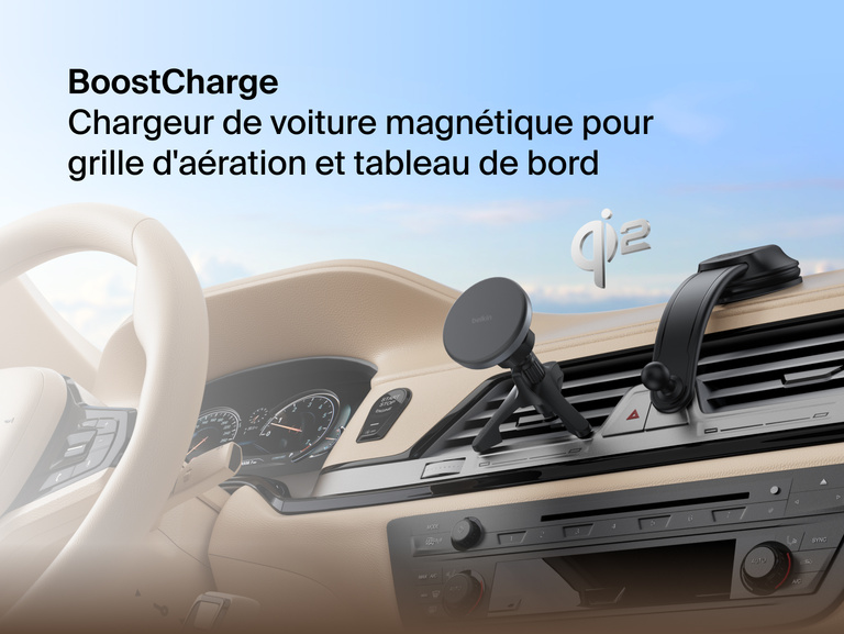 Belkin BoostCharge Magnetic Wireless Charging Car Vent and Dash Mount shown installed in a vehicle, featuring Qi2 fast charging with a portrait or landscape magnetic phone attachment.