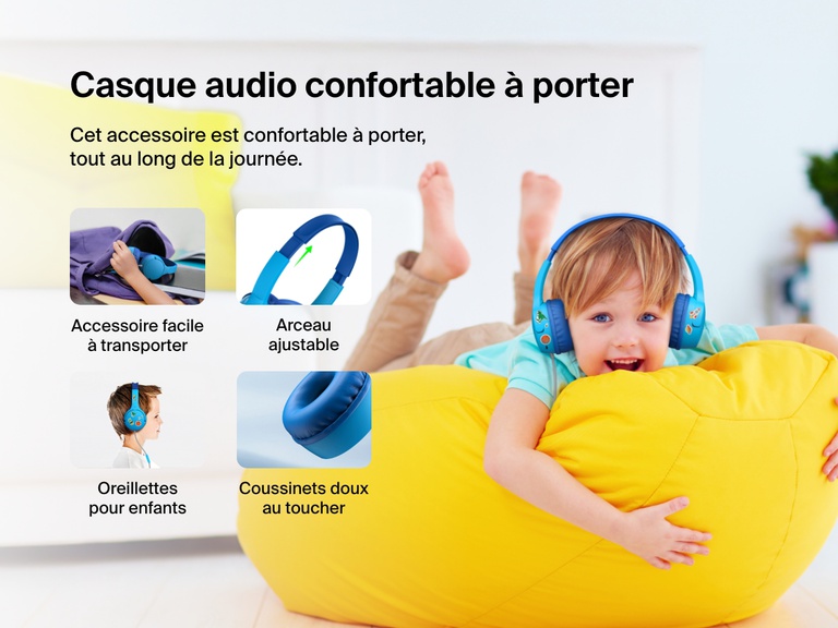 Smiling child wearing Belkin Wired On-Ear Headphones for Kids while lounging on a yellow beanbag, with callouts for soft ear cushions, adjustable headband, kid-sized earcups, and easy portability.