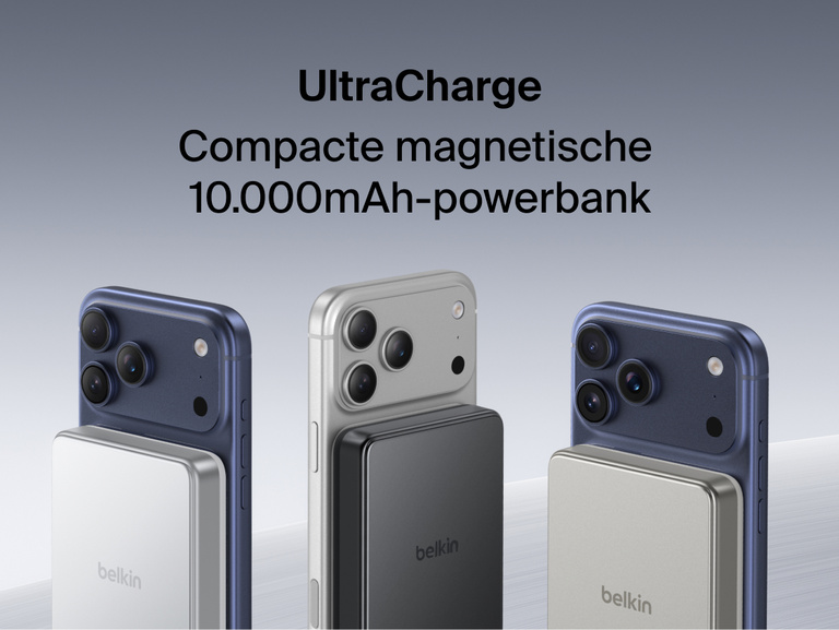 Belkin UltraCharge Slim Magnetic Power Bank 10K attached to smartphones showcasing compact magnetic wireless charging and portable battery design